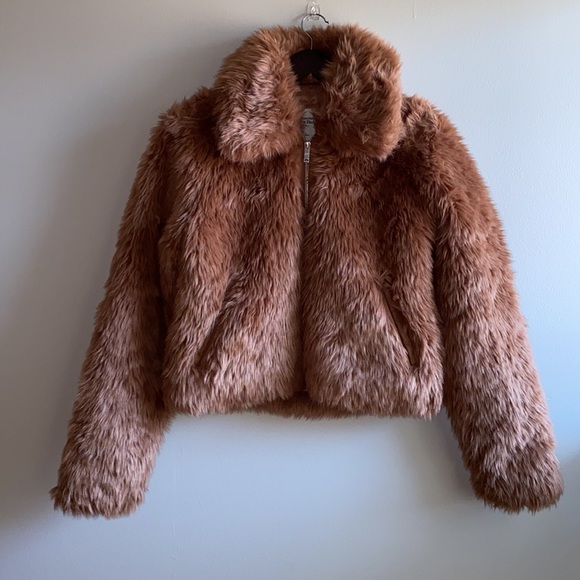 Abercrombie & Fitch Faux Fur Coat Brown Size Small With Collar - Picture 3 of 8